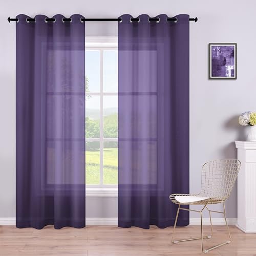 KOUFALL Royal Purple Grommet Faux Linen Sheer Curtains 52x90 Inch Length