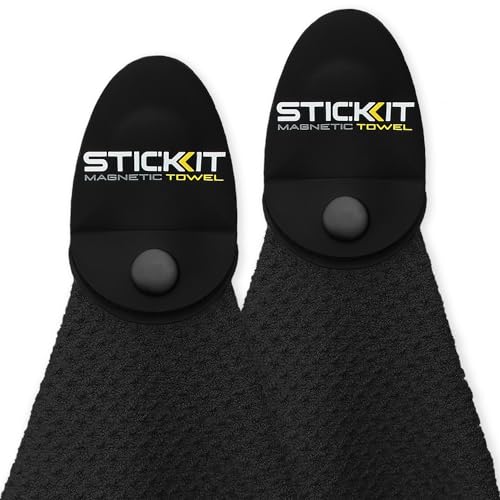 STICKIT Magnetic Golf Towel, Black - 2-Pack - Top-Tier Microfiber Golf Towel with Deep Waffle Pockets - Industrial Strength Magnet for Strong Hold to Golf Carts or Clubs