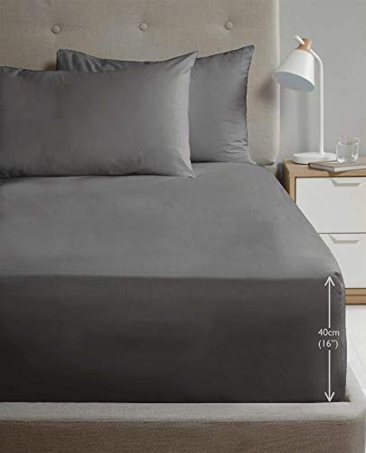 Rapport Home Single Size Fitted Sheet Extra Deep 40cm Depth Charcoal Soft Easy Care Non-Iron Percale Bed Sheet – 16 inch Pocket