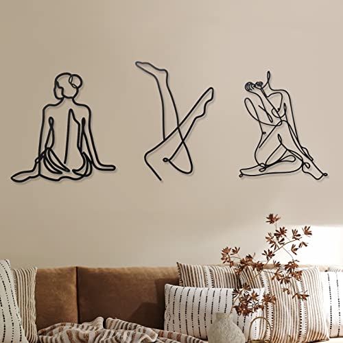 Photect 3 Pieces Metal Wall Art Decor Minimalist Abstract Woman Modern Line Drawing Female Single Home Hanging for Bedroom Kitchen Bathroom Living Room (Stylish), Black