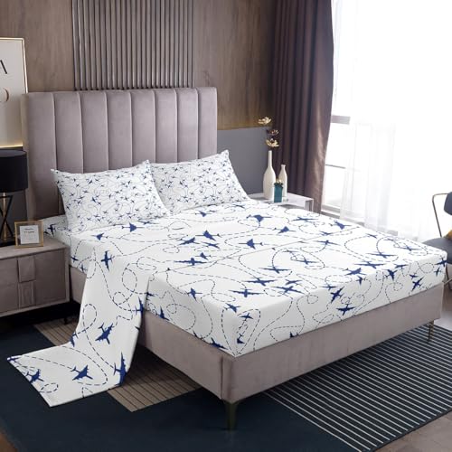 Feelyou Cartoon Flight Bed Sheets Set Queen Size Kids Airplane Sheet Set for Toddler Aircraft Print Sheets with Deep Pocket Fitted Sheet Microfiber Travel Decor Blue and White Bedding Set Bedroom