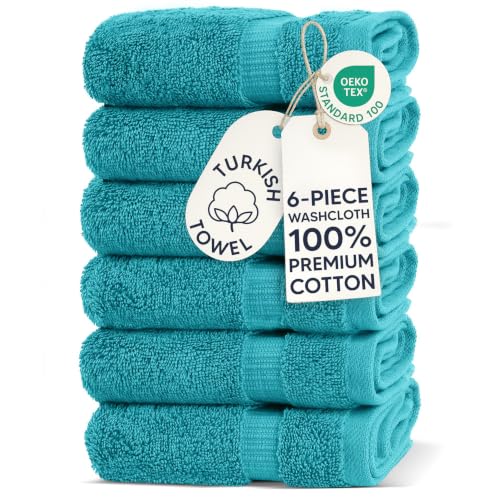 Chakir Turkish Linens 6 Piece Washcloth Set, 100% Cotton Turkish Washcloths for Bathroom, Luxury Soft Absorbent Face Towels, 13 x 13 Inches, Aqua
