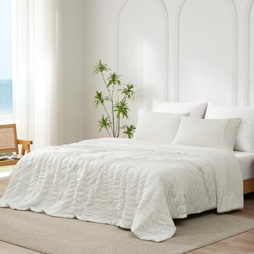 "Cozy Bliss Vertical Striped Seersucker Cooling Comforter Queen Size, Lightweight Airflow Silky Cooling Bedding with Q-Max>0.45 for Bedroom, Home Decor, Hot Sleepers & Night Sweats, White 90""x90"""