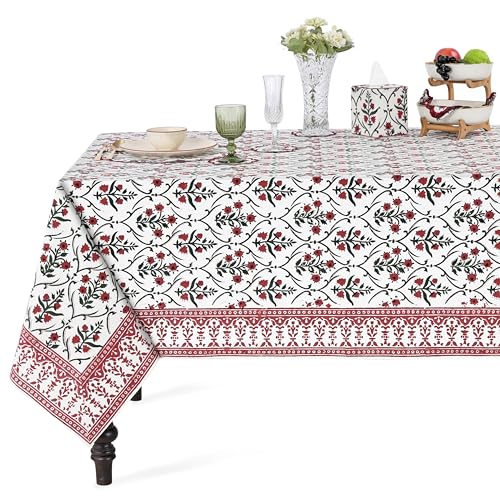 Ridhi Ruby Red Emerald Green Rectangle Tablecloth, 100% Cotton Hand Block Print Washable Table Cover, Dining, Christmas Parties, Outdoors, Weddings, Thanksgiving, Birthday 70x108 Inch