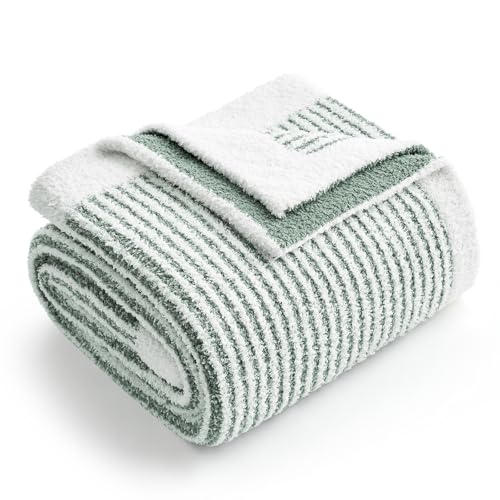 Snuggle Sac Warm Throw Blanket for Couch, Fuzzy Microfiber Knit Stripe Blankets for Couch, Sofa, Travel, Green Cream, 50x60 inches