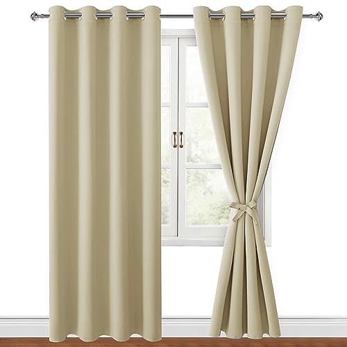 Hiasan Blackout Curtains for Bedroom, 52 x 84 Inches Long - Thermal Insulated & Light Blocking Window Curtains for Living Room, 2 Drape Panels Sewn with Tiebacks, Light Beige