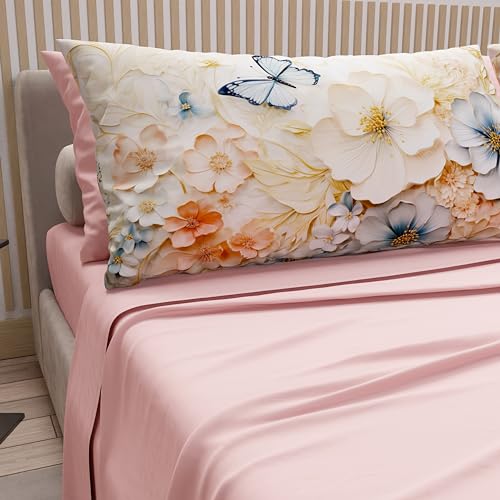 PETTI Artigiani Italiani - Cotton Sheets with Pillowcases in Digital Print, French Queen, Complete Top and Bottom Sheet with Corners, Mariposa Powder, 100% Made in Italy