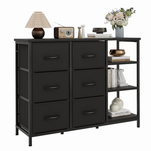 Feonase 6 Drawer Chest of Drawers With Open Storage Unit, Modern Style Fabric Chest of Drawers Furniture,100x30x76cm Black