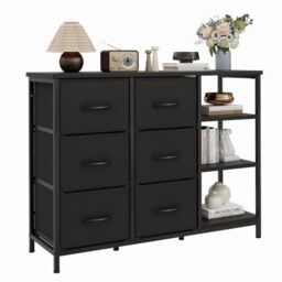 Feonase 6 Drawer Chest of Drawers With Open Storage Unit, Modern Style Fabric Chest of Drawers Furniture,100x30x76cm Black