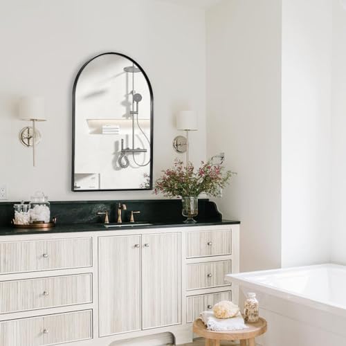"Minuover Arched Wall Mirror for Bathroom, 24""x36"" Black Modern Metal Frame for Entryway Living Room Bedroom Wall Decor"