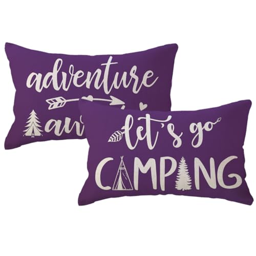 Adventure Camper Decorative Lumbar Pillowcase Double-sided Let???s Go Camping/Adventure Awaits Throw Pillow Covers Cabin/Camper Cushion Covers 12x20,2Pack for Sofa/Couch/Porch (Purple)