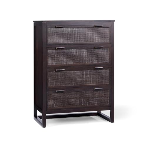 Teamson Home Hatteras 76 cm Wide Bedroom Dresser Chest of Drawers with 4 Rattan Inset Drawers, Mocha Brown Finish, Acacia Veneer and Everyday Storage Use, Espresso