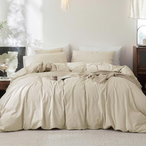 FOSSA Duvet Cover Set 100% Washed Cotton Linen Feel Super Queen - Super Soft Breathable Lightweight & All Season Bedding Set with Hidden Zipper & 8 Corner Ties (Almond Grey)