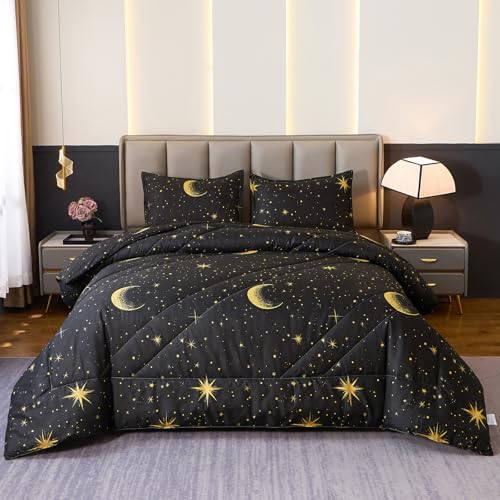 Caressma Black Comforter Moon Star Teen Boy Girl Galaxy Full Size Bedding Microfiber Set 3 Pieces with Pillowcases for All Seasons