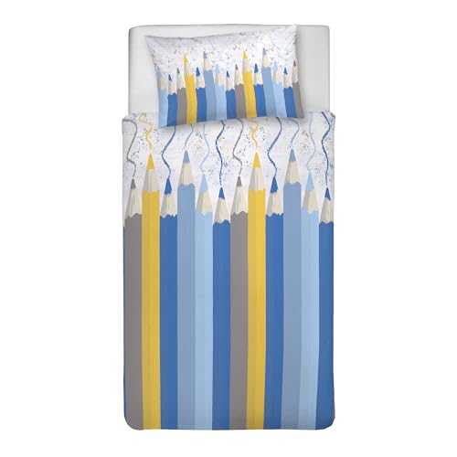 PENSIERI DELICATI Single Duvet Cover Set, 100% Cotton, Complete with Sleeping Bag 155 x 200 cm and 1 Pillowcase 52 x 82 cm, Made in Italy, Duvet Cover Machine Washable At 40 Degrees, Blue Pencil