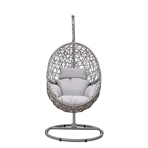 TOUGH MASTER Luxury Rattan Hanging Egg Chair With Grey Cushion For Indoor/Outdoor Single Seat Garden Swing Egg Chair, Weave Cocoon Hanging Weatherproof Standing Chair,TM-SEC115FG