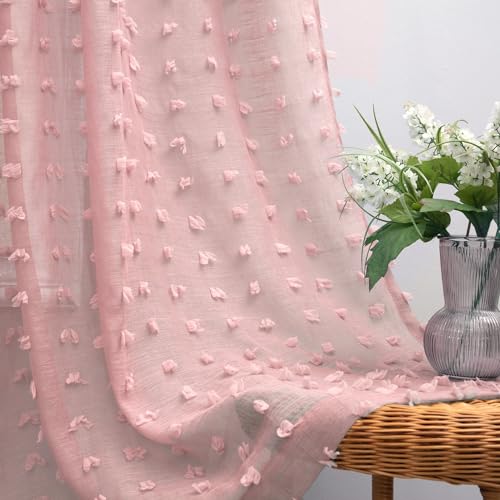 KOUFALL Sheer Curtains 84 Inches Long for Living Room 2 Panels Set Pom Pom Boho Voile Curtain for Bedroom 52x84 Inch Length, Blush Pink
