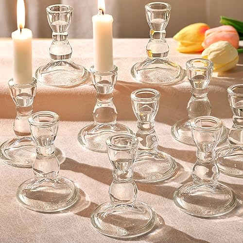 Lanttu 24 Pcs Candlestick Holders Bulk with Candle Wick Dippers, Clear Taper Candle Holders, Glass Candle Holders Set for Valentine's Day, Wedding Table, Party, Windowsill Decor