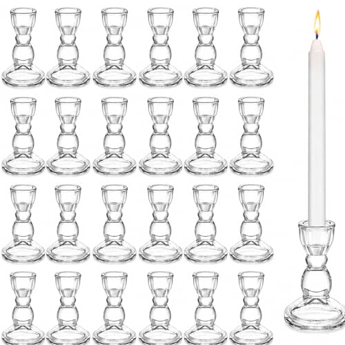 Lanttu 24 Pcs Candlestick Holders Bulk with Candle Wick Dippers, Clear Taper Candle Holders, Glass Candle Holders Set for Valentine's Day, Wedding Table, Party, Windowsill Decor