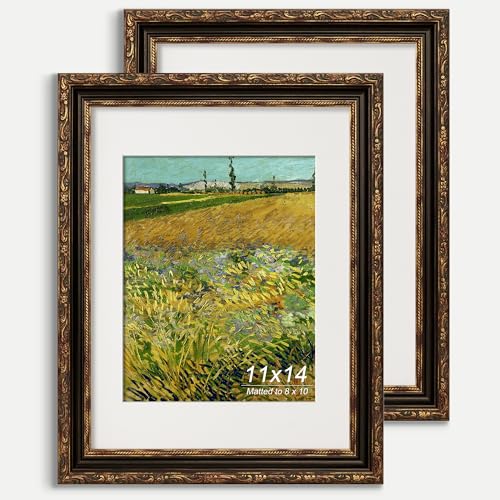 GiftMust 11x14 Picture Frame, Ornate Embossing Frame with Paper Mat and Real Glass, Fit for 11x14 without Mat or 8x10 with Mat, Wall Mounting Display for Art Prints, Bronze and Antique Gold, 2 Pack