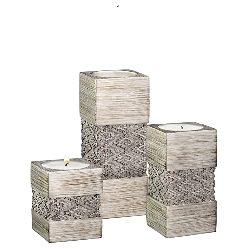 Tealight Candle Holder Set of 3 - Centerpiece for Living Room and Dining Room Table Decor, Coffee Table Decor, Ideal for Fireplace, Entrance or Bathroom (Dublin Silver)