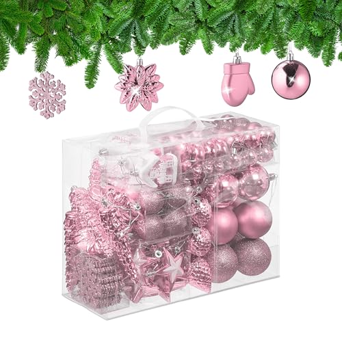 Relaxdays 100x Christmas Ornaments, Baubles, Glittering, Matte & Shiny, Tree Decorations, Plastic, 10 Designs, Pink