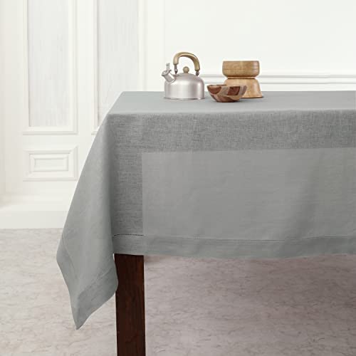 Solino Home 100% Pure Linen Tablecloth Grey, Classic Hemstitch 60 x 108 in - Classic Hemstitch Table Cloth For Dining, Home Decor, Table Setting, Indoor & Outdoor Use, Parties, Gifting, Machine Washable