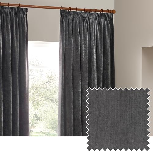 Yard Heavy Chenille Pencil Pleat Curtain Pair – Lined Room Darkening Soft Velvet Curtains (Charcoal – Width 117 x Drop 183cm)