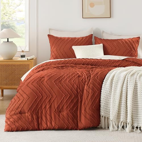Andency King Comforter Set Burnt Orange, Boho Comforter Sets 3 Pieces - Soft Fluffy Warm Chevron Tufted Aesthetic Polyester Lightweight Comforter Set for King Bed