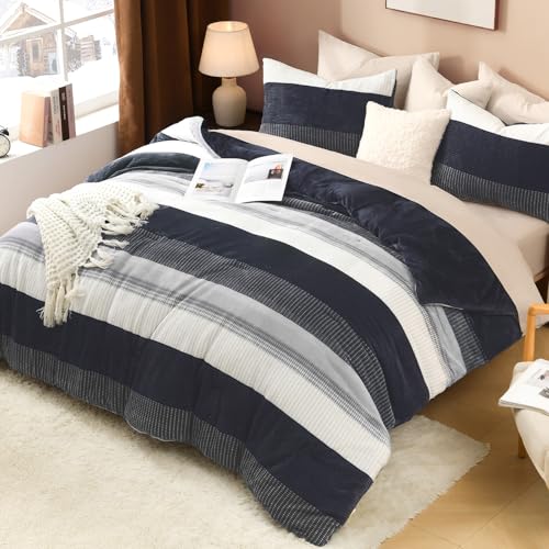 Litanika Fluffy Fleece Twin Comforter Set, Luxury Soft Plush Fuzzy Black Blue Stripe Bedding Comforter Sets, Warm Shaggy Faux Fur Bed Set All Season (1 Comforter, 1 Pillowcase)