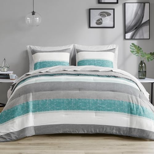 Madison Park Essentials Full Comforter Set, Bed in A Bag Comforter & Sheet Set, Modern Casual Stripes Print, All Seasons, Soft Microfiber Bedding Makeover, Matching Shams, Full Aqua/Grey 7 Piece