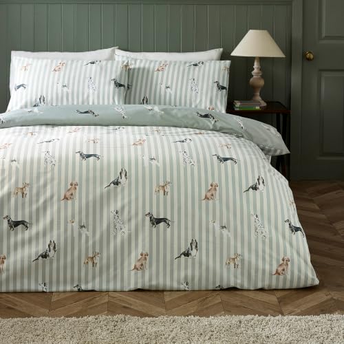 Catherine Lansfield Dog Stripe Reversible King Duvet Cover Set Green