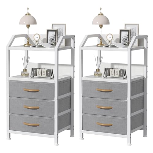Feonase Set of 2 Bedside Table with 3 Fabric Drawers & Shelf, Nightstand for Bedroom, Living Room, Small Spaces – Metal Frame & Wooden Top, Sofa End Table with Storage for Home Décor, Light Grey