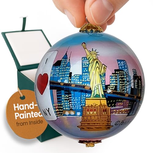 New York City at Sunset Christmas Ornament Hand Painted from Inside with Decorative Gift Box