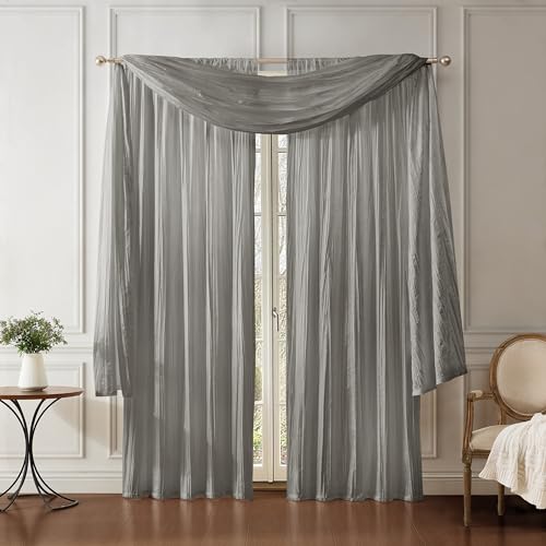 "Elrene Home Fashions Athena Faux Crushed-Silk Window Curtain Panel and Valance Set, 52""x95"" (2 Panels) & 1 Valance, Sterling"