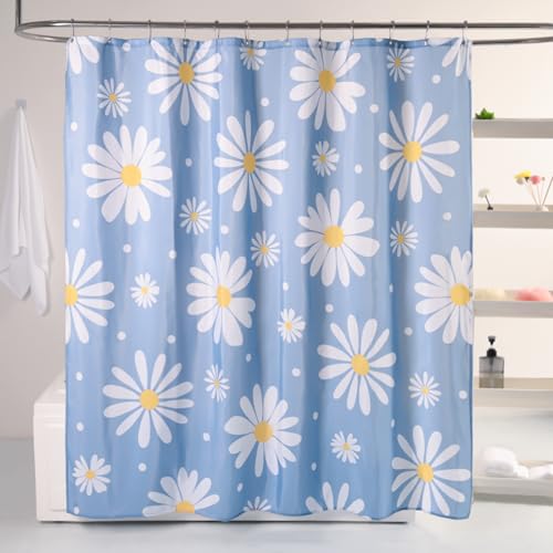 QJHOMO Blue Floral Shower Curtain Set Cute Daisy Girly Bathroom Curtain, Washable Waterproof Fabric Shower Curtains with 12 Hooks, Modern Aesthetic Decor Colorful Flower Shower Curtain 72x72 inch