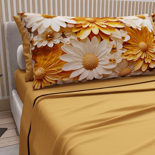 PETTI Artigiani Italiani - Cotton Sheets with Pillowcases in Digital Print, Double Bed Sheet, Double Bed Set, Floral 2 Ochre Yellow, 100% Made in Italy