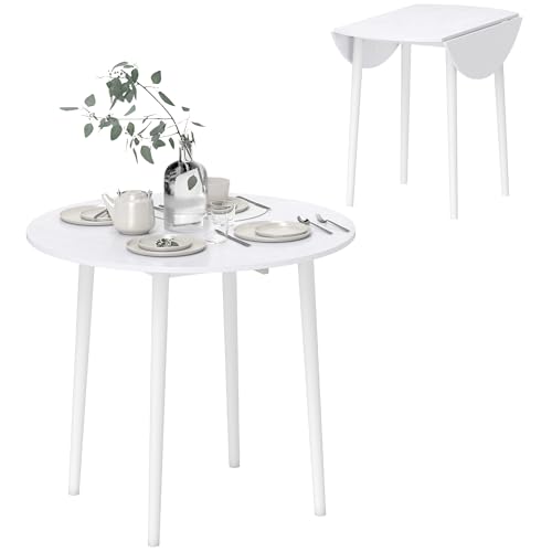 HOMCOM Folding Dining Table for 4 Round Drop Leaf Table, Modern, White