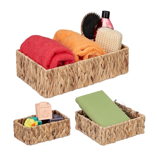 Relaxdays Box, Water Hyacinth, Set of 3, Bathroom & Nursery Storage, Square Baskets, Natural, Plant fibre, 3 different sizes