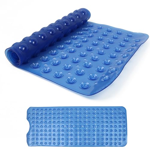 DIVCHI Shower Bath Mat Non Slip Anti Mould & Mildew With Strong Suction Cups Grip And Drain Holes Soft Rubber Shower Mats - Bathroom Mat Machine Washable (Blue, 100 x 40cm)