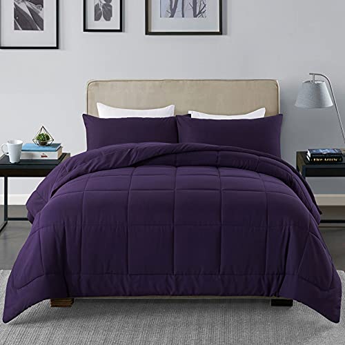 "DOWNCOOL Bedding Set - 3 Piece King Comforter Set - Lightweight Down Alternative Quilted Comforter with 2 Pillow Shams - Purple, 102""x90"""