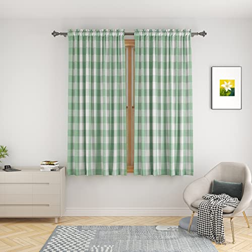 "UPOPO Curtains for Windows Buffalo Check Plaid Gingham Pattern Rod Pocket Cotton Curtain Panels 48 inch Length Farmhouse Kitchen Curtains 2 Panels Living Room Bedroom Basement Green White 52""x48"""