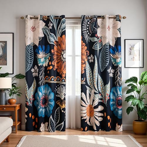 Boho Floral 100% Blackout Curtains 84 inch length 2 Panels Set Vintage Rustic Artistic Leaf Flower Pattern Drapes Thermal Insulated Black Out Window Curtains for Bedroom Living Room 52x84inch