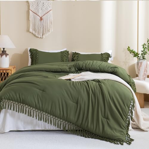 Andency Olive Green Comforter Set Queen, 3 Pieces Boho Tassel Bedding - Lightweight Soft Comforter Sets(90x90In) and 2 Pillowcases, All-Season Fluffy Fringe