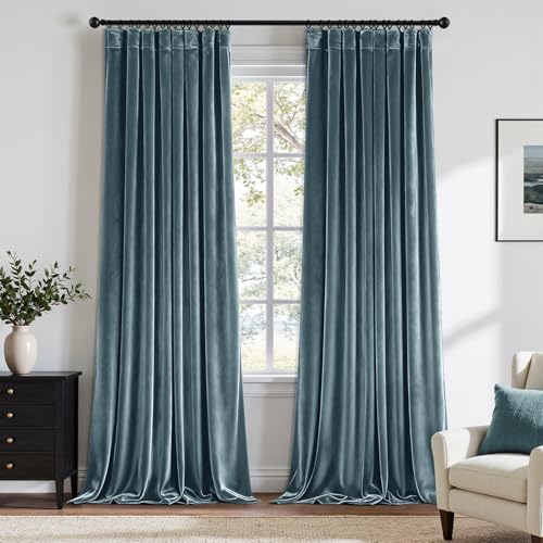 ANRODUO Grayish Blue Velvet Curtains 108 Inches Long Blackout Thermal Insulated Soundproof Curtain Privacy Room Darkening Curtains Pinch Pleat Window Drapes for Bedroom Living Room Set of 2