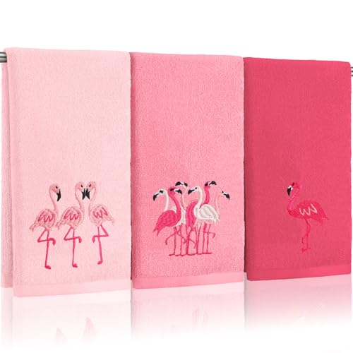 Hahafelt 3 Pack Pink Flamingo Hand Towels for Bathroom 100% Cotton Embroidered Beach Bathroom Towels 13.78 x 29.53 Inch Soft Absorbent (Pink, Flamingo)