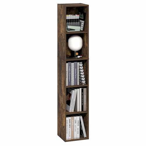 Furinno FULDA 5-Tier Tall Narrow Bookshelf, Standing Bookcase with 25.4 cm Width Storage Shelf, 23.6 x 24.9 x 131.8 cm, for Organization Storage, for Living Room, Bedroom, Home Office, Amber Pine