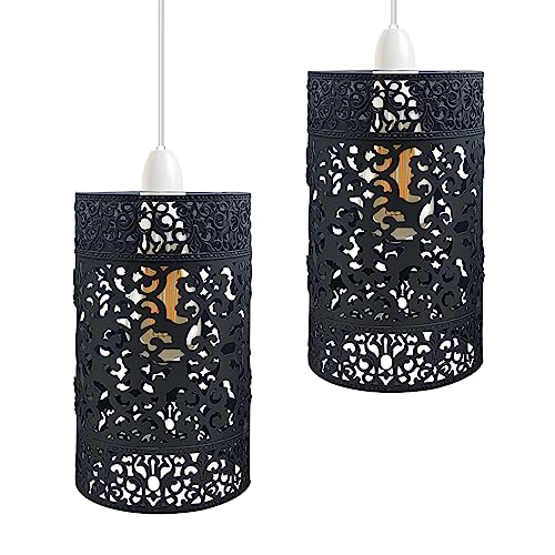 DC VOLTAGE 2 Pack of Metal Black 13.5cm Drum Shape E27 Pendant lampshade Industrial Indoor Easy Fit Open Style for Living Room Bedroom Bathroom Hallway.