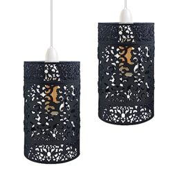DC VOLTAGE 2 Pack of Metal Black 13.5cm Drum Shape E27 Pendant lampshade Industrial Indoor Easy Fit Open Style for Living Room Bedroom Bathroom Hallway.