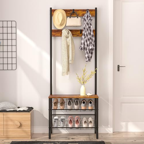 VECELO Coat Rack, Coat Stand with Shoe Storage Bench, Hall Tree with 2 Tier Shoe Rack, 5 Removable Hooks, Metal Frame, 3-in-1 Design for Entry Furniture/Hallway, Industrial, Rustic Brown